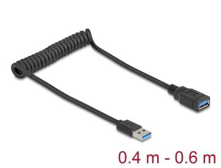 DeLock USB 5 Gbps Coiled Cable Type-A male to Type-A female 0,4 to 0,6m Black