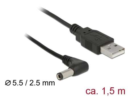 DeLock USB Power Cable to DC 5.5 x 2.5 mm male 90° 1,5m Black