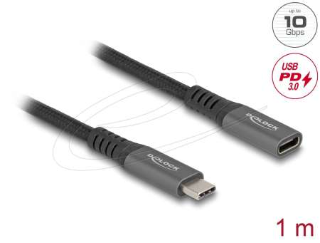 DeLock USB Type-C male to female PD 3.0 100W cable 1m Grey Metal DeLock USB Type-C male to female PD 3.0 100W cable 1m Grey Metal