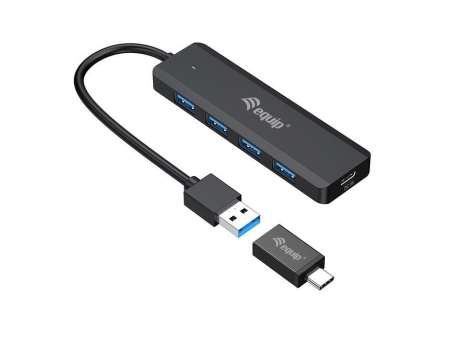 EQuip 4-Port USB 3.2 Gen 1 Hub with USB-C Adapter Black