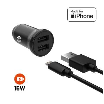 FIXED USB autós töltő 2 USB aljzattal 15W + USB/Lightning kábel, fekete, FIXCC15N-2UL-BK