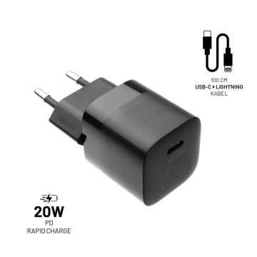 FIXED Mini hálózati töltőkészlet USB-C kimenettel és USB-C/Lightning kábellel 20W 1m, fekete