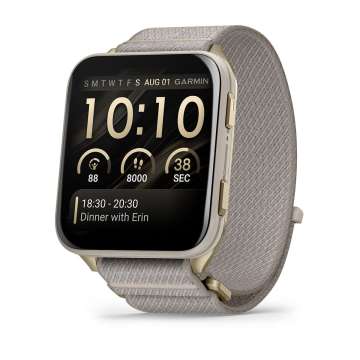 Garmin Venu X1 Soft Gold with Titanium Caseback and French Grey Nylon Band Garmin Venu X1 Soft Gold with Titanium Caseback and French Grey Nylon Band