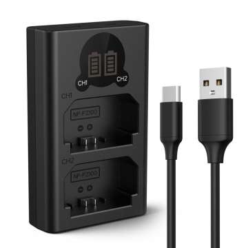 K&F Concept hordozható dupla BC-QZ1 akkumulátor töltő, LCD, USB-C, 2db FZ100 akkumulátorhoz