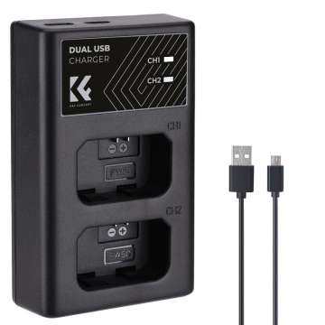 K&F Concept hordozható dupla BC-TRW akkumulátor töltő, USB-C, 2db FW50 akkumulátorhoz