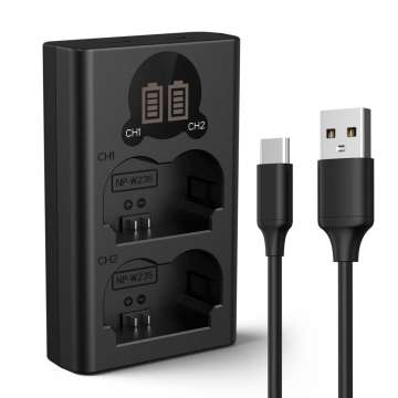 K&F Concept hordozható dupla NP-W235 akkumulátor töltő, LCD, USB-C, 2db NP-W235 akkumulátorhoz