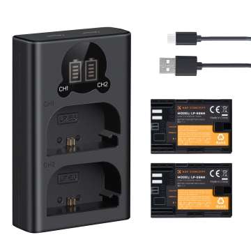 K&F Concept hordozható dupla USB-C akkumulátor LC-E6 töltő, LCD + 2db LP-E6NH akkumulátor 2250mAh