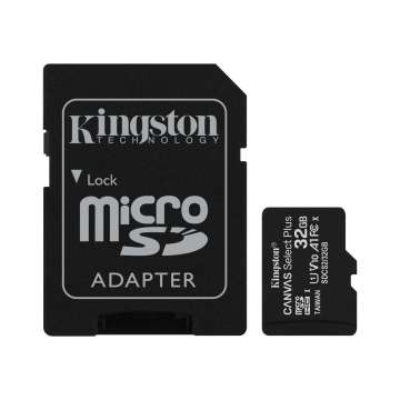 Kingston 32GB microSDHC Canvas Select Plus Class 10 100R A1 C10 Card + adapterrel Kingston 32GB microSDHC Canvas Select Plus Class 10 100R A1 C10 Card + adapterrel