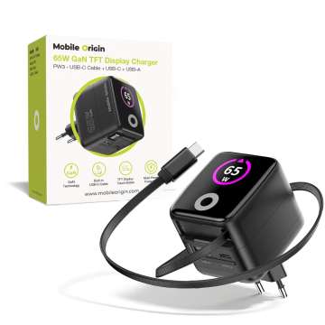 Mobile Origin 65W GaN Display Charger PW3 - USB-C Self-Retracting Cable+USB-C+USB-A Black