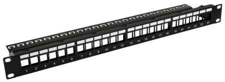 Nestron 19" keystone patch panel; 24 port; Cat5e/Cat6/Cat6A kompatibilis; árnyékolatlan; tehermentesítővel