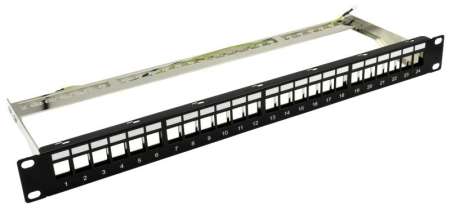Nestron 19" keystone patch panel; 24 port; Cat5e/Cat6/Cat6A kompatibilis; árnyékolt; tehermentesítővel