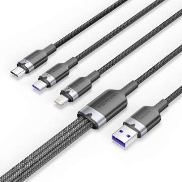 Vention USB 2.0 A Male to 3-in-1 USB-C & Lightning & Micro-B Male 6A Cable 1,5m Black