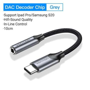 Vention USB-C Male to 3.5MM Earphone Jack With DAC Adapter Grey