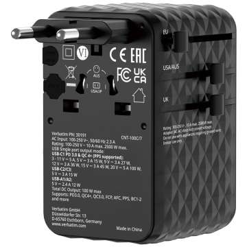 Verbatim Charge 'n' Travel 100W GaN III Universal Travel Adapter with Retractable USB-C Cable Black